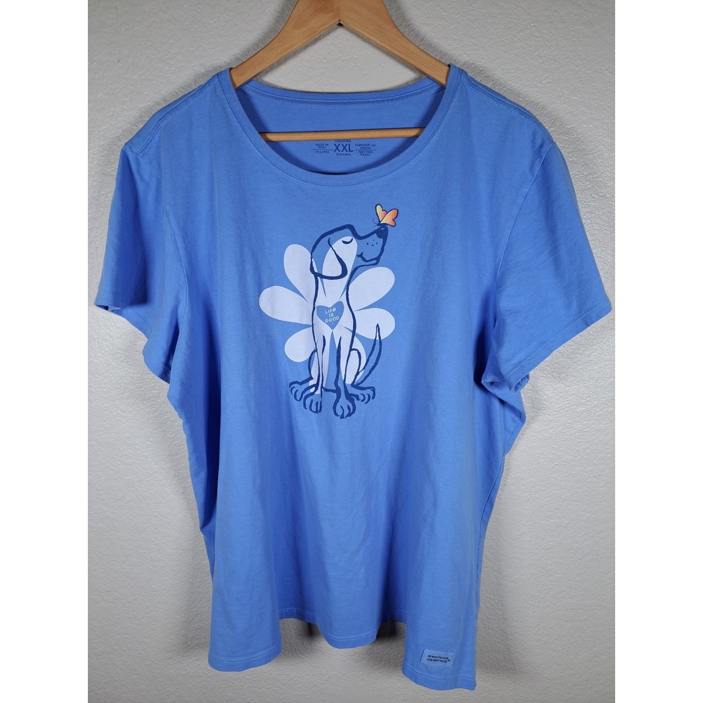 Life is Good Womens XXL Blue Crusher Tee Dog Butterfly Flower Graphic T-Shirt